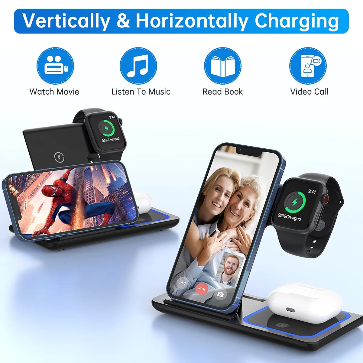 3-in-1 Wireless Charging Station – 18W Fast Charger for iPhone, iWatch & AirPods Pro/3/2 with QC3.0 Adapter