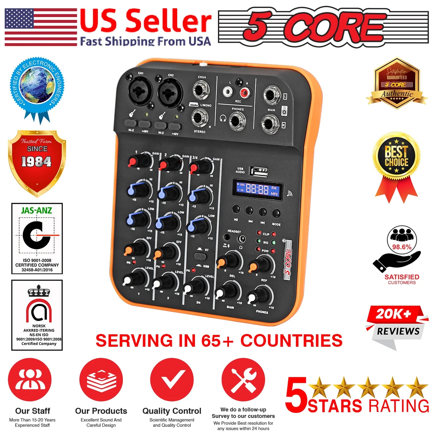 5 Core 4-Channel Audio Mixer – DJ Equipment with Bluetooth, USB, and Soundboard Console