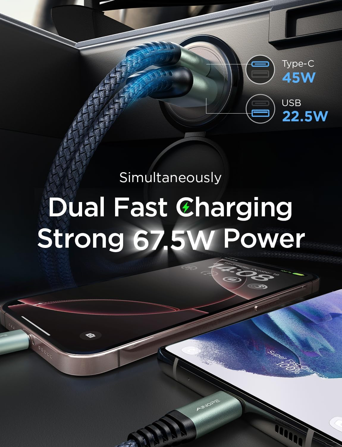  67.5W USB-C Fast Car Charger for Smartphones & Devices