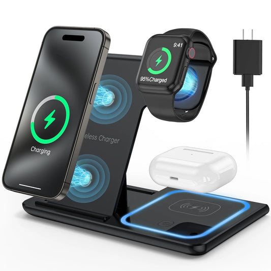 3-in-1 Wireless Charging Station – 18W Fast Charger for iPhone, iWatch & AirPods Pro/3/2 with QC3.0 Adapter