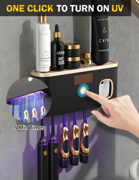 All-in-One UV Toothbrush Sanitizer & Toothpaste Dispenser – Wall-Mounted with Large Capacity Tray