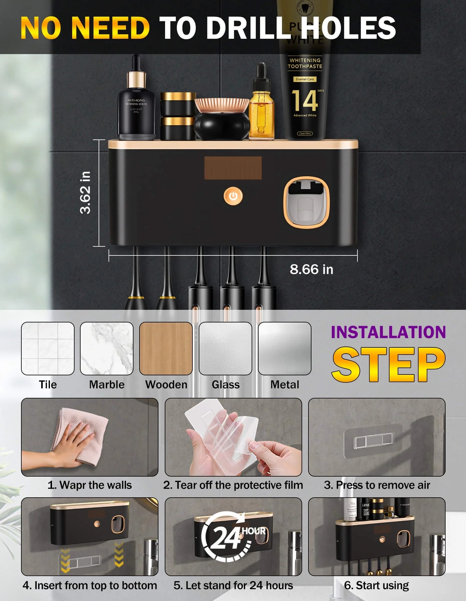 All-in-One UV Toothbrush Sanitizer & Toothpaste Dispenser – Wall-Mounted with Large Capacity Tray