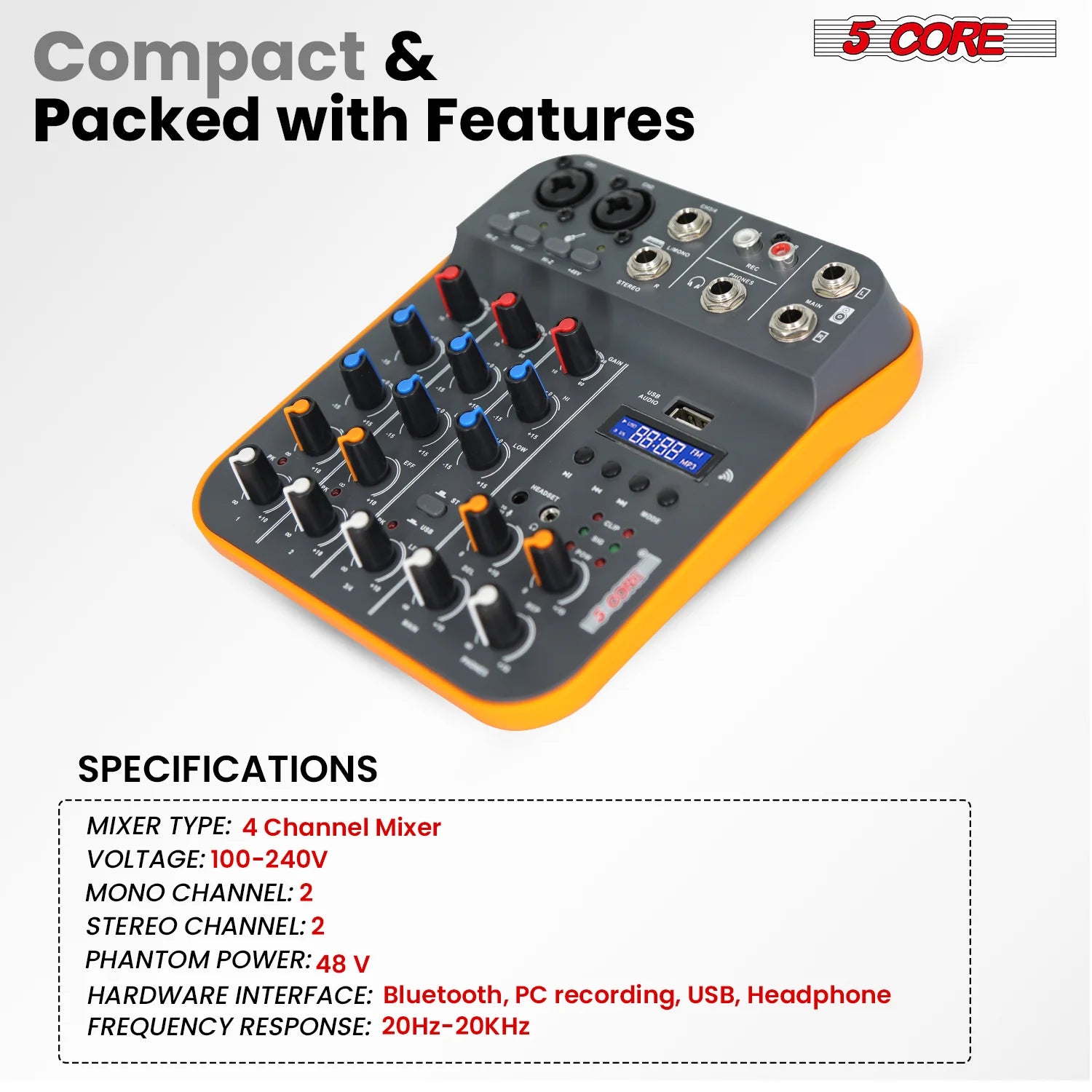 5 Core 4-Channel Audio Mixer – DJ Equipment with Bluetooth, USB, and Soundboard Console