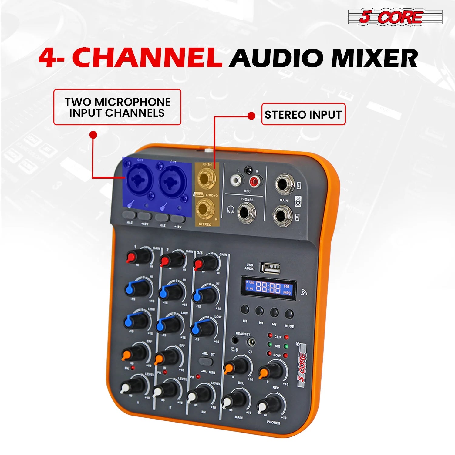 5 Core 4-Channel Audio Mixer – DJ Equipment with Bluetooth, USB, and Soundboard Console