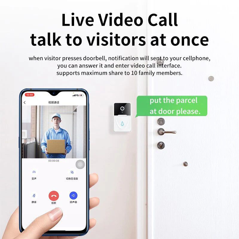 Wireless Smart WiFi Video Doorbell with Intercom & Chime for Home Security