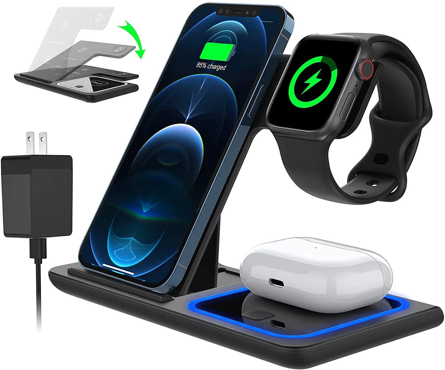 3-in-1 Wireless Charging Station – 18W Fast Charger for iPhone, iWatch & AirPods Pro/3/2 with QC3.0 Adapter