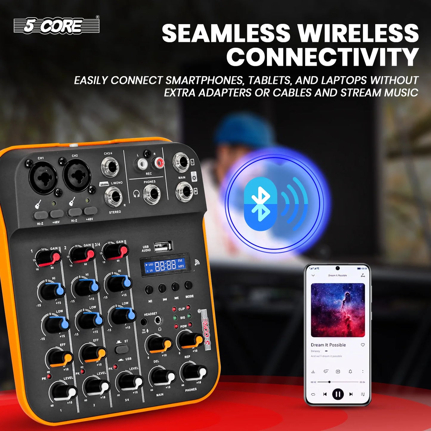 5 Core 4-Channel Audio Mixer – DJ Equipment with Bluetooth, USB, and Soundboard Console