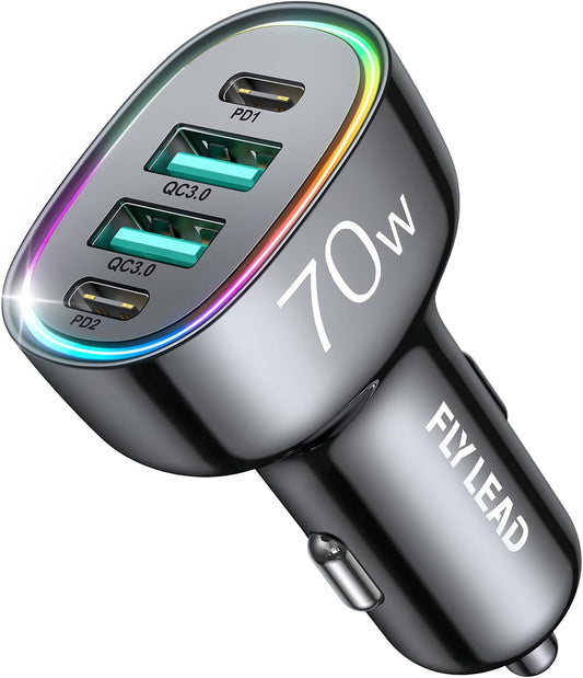 Ultimate 70W 4-Port USB-C Car Charger – Fast Charging for iPhone, Android, iPad & More